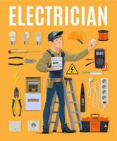 électricien avec équipement de travail, boîte à outils et outils vecteur