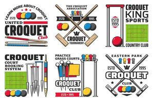 icônes de balle, de maillet et de cerceau de jeu de sport de croquet vecteur