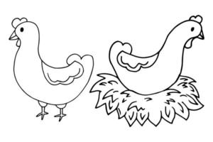 ensemble de poulet plat vectoriel. coq brun, coq, poulet poule, oeufs dans le nid de foin, petit poussin noir assis au poulet, logo de la ferme avicole. illustration isolée, fond blanc. conception d'aliments biologiques vecteur