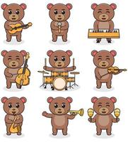 illustration vectorielle d'ours mignon jouant des instruments de musique. ensemble de personnages d'ours mignons. dessin animé animal jouer de la musique. animaux musiciens. vecteur