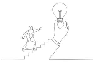 dessin d'une femme d'affaires musulmane marchant dans l'escalier d'une grande main tenant une ampoule lumineuse inspirante. idée d'inspiration. style d'art en ligne unique vecteur