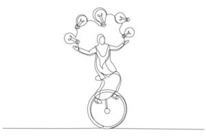 dessin animé d'une femme d'affaires musulmane faisant du monocycle jonglant avec une lampe à ampoule. plein d'idées. art de style une ligne vecteur