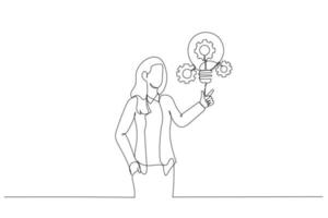 dessin animé d'une femme d'affaires présentant une ampoule innovante avec des rouages et des engrenages concept d'innovation. style d'art en ligne continue unique vecteur