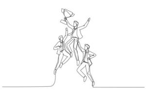 illustration d'homme d'affaires sautant tenant le trophée obtenir une récompense et célébrer. dessin au trait continu unique vecteur