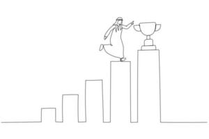 le dessin animé de l'homme d'affaires arabe gagnant intensifie le graphique à barres croissant pour gagner le concept de réussite du trophée. style d'art en ligne continue unique vecteur