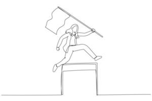 dessin animé d'une femme d'affaires en compétition dans une course tenant un drapeau de chef sautant par-dessus le concept d'obstacle de détermination. style d'art en ligne continue unique vecteur
