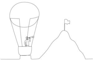 dessin d'homme d'affaires en ballon volant vers la montagne avec le concept de drapeau d'objectif. style d'art en ligne continue unique vecteur