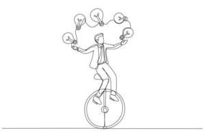 dessin d'un homme d'affaires à cheval sur un monocycle jonglant avec une lampe à ampoule. plein d'idées. style d'art en ligne continue unique vecteur