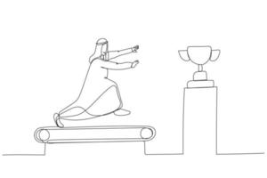dessin animé d'un homme d'affaires arabe courant sur le tapis roulant essayant d'obtenir le concept de trophée de course de rat. style d'art en ligne unique vecteur