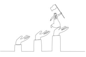 dessin animé d'un homme arabe sautant sur une échelle de croissance de la main géante concept de progrès. style d'art d'une ligne vecteur