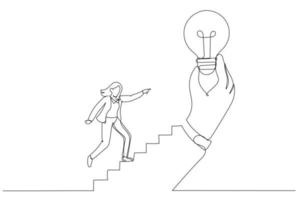 illustration d'une femme d'affaires marchant dans l'escalier d'une grande main tenant une ampoule lumineuse inspirante. idée d'inspiration. un style d'art en ligne continue vecteur