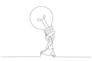 dessin animé d'une femme d'affaires musulmane excitée portant une grande idée d'ampoule en cours d'exécution pour inventer un nouveau produit. grande idée. style d'art en ligne continue unique vecteur