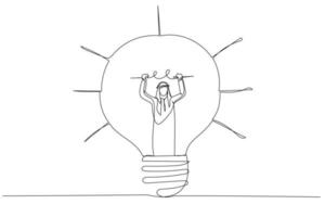 l'illustration de l'homme d'affaires musulman arabe va à l'intérieur de l'ampoule pour réparer ou inventer une nouvelle idée métaphore de l'entrepreneuriat. dessin au trait continu unique vecteur