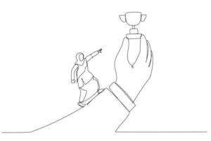 illustration d'une femme d'affaires musulmane courir avec tous les efforts pour atteindre la coupe du trophée dans une main géante. un style d'art en ligne continue vecteur