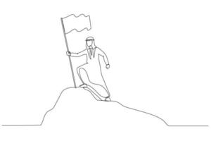 dessin animé d'homme d'affaires arabe debout au sommet du sommet de la montagne tenant le drapeau comme conquérant. un style d'art en ligne continue vecteur