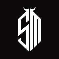 monogramme de logo sm avec modèle de conception noir et blanc isolé en forme de corne vecteur