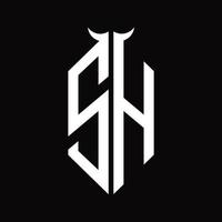 monogramme de logo sh avec modèle de conception noir et blanc isolé en forme de corne vecteur