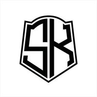 monogramme du logo sk avec modèle de conception de contour en forme de bouclier vecteur