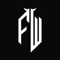 monogramme de logo fw avec modèle de conception noir et blanc isolé en forme de corne vecteur