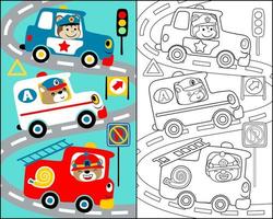 illustration vectorielle de dessin animé de véhicule de sauvetage avec chauffeur d'animaux drôles, pompier, ambulance, voiture de police, livre de coloriage ou page. vecteur