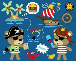 illustration vectorielle de dessin animé de jeu de thème de voile avec des pirates drôles. ours en peluche en costume de pirate avec des éléments de voile vecteur