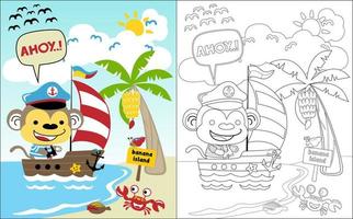 vecteur de livre à colorier de dessin animé de singe en costume de marin sur un voilier avec des animaux marins sur la plage