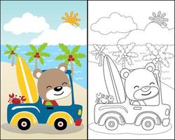 dessin animé d'un ours drôle avec un petit crabe sur une voiture transportant une planche de surf sur la plage pendant les vacances d'été vecteur