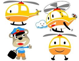 ensemble de vecteurs de dessin animé drôle d'hélicoptère avec petit ours en costume de pilote vecteur
