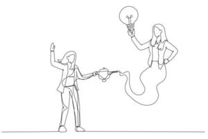 dessin d'une femme d'affaires génie tenant une ampoule à idées qui sort de la lampe magique. notion d'aide. style d'art en ligne unique vecteur