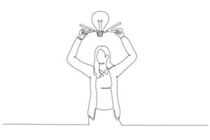 dessin de femme d'affaires connecter l'électricité à l'idée d'ampoule métaphore de la nouvelle idée d'entreprise. style d'art en ligne continue unique vecteur