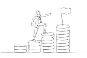 dessin animé d'une femme d'affaires escalade une pile de pièces d'argent visant à atteindre l'objectif financier cible. style d'art d'une ligne vecteur