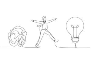 dessin animé d'un homme d'affaires intelligent qui s'éloigne de la ligne de chaos de mess pour une simple idée d'ampoule. idée simplifiée. art de style une ligne vecteur