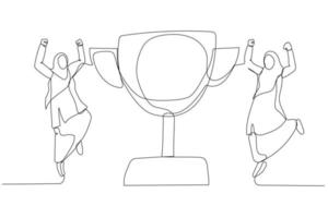 dessin animé d'une employée d'affaires musulmane saute en l'air avec le concept de reconnaissance de la coupe du trophée. dessin au trait continu vecteur