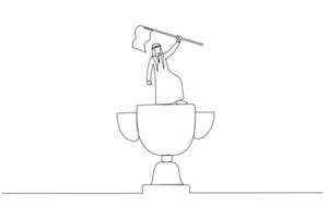 illustration du gagnant d'un homme d'affaires arabe levant le drapeau sur le concept de trophée gagnant de la victoire. style d'art en ligne continue unique vecteur