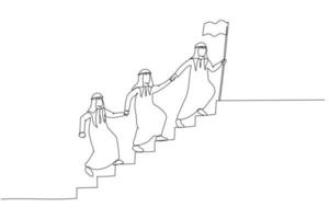illustration d'une équipe d'hommes d'affaires arabes qui monte un escalier, se tenant la main avec un drapeau levé. style d'art en ligne unique vecteur