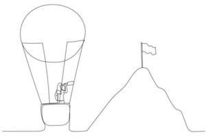 illustration d'une femme d'affaires en ballon volant vers la montagne avec le concept de drapeau d'objectif. style d'art d'une ligne vecteur