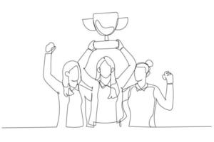 dessin animé d'une femme d'affaires debout dans des médailles sur le cou tenant le concept de trophée d'or sur le travail d'équipe. style d'art en ligne continue vecteur