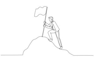 dessin d'homme d'affaires avec drapeau sur le concept de sommet de montagne pour la réalisation. style d'art en ligne continue unique vecteur