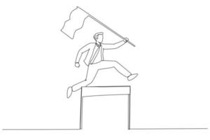 illustration d'un homme d'affaires en compétition dans une course tenant un drapeau de leader sautant par-dessus le concept d'obstacle de détermination. style d'art en ligne unique vecteur