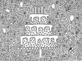 joyeux anniversaire à colorier. coloriage avec gâteau d'anniversaire doodle et bougies vecteur