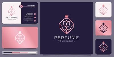 modèle de logo de parfum créatif en or rose. logo de parfum de bouteille de luxe et conception de carte de visite. vecteur