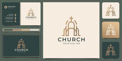 création de logo de symbole chrétien d'église d'art en ligne minimaliste avec modèle de carte de visite. vecteur premium