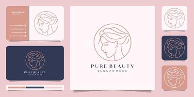 salon de coiffure femme beauté créative se combine avec le concept de feuille de nature, le logo et la conception de carte de visite. vecteur premium