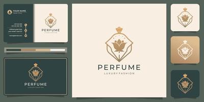 logo de bouteille de parfum de luxe et conception de carte de visite. logo de vaporisateur de parfum de bouteilles avec fleur de beauté. vecteur