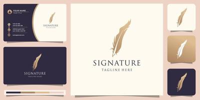 inspiration minimale du logo de la signature de la plume avec carte de visite premium. plume de plume classique de luxe vecteur