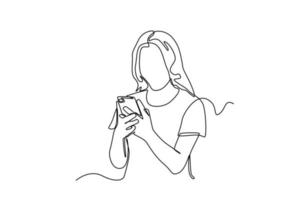 une ligne continue dessinant une jeune fille heureuse en train de taper dans un smartphone. notion de communication. illustration graphique vectorielle de dessin à une seule ligne. vecteur