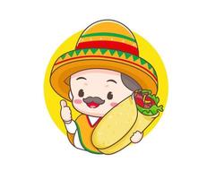 mignon chef mexicain avec personnage de dessin animé de chapeau sombrero. illustration du logo icône burrito. cuisine de rue traditionnelle mexicaine. vecteur