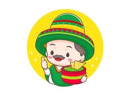 mignon chef mexicain avec chapeau sombrero tenant nachos et personnage de dessin animé de sauce avocat guacamole. illustration du logo icône guacamole. cuisine de rue traditionnelle mexicaine. chef montrant le pouce vers le haut. vecteur