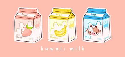 ensemble de trois dessins animés de lait. trois saveurs différentes. pêche, banane et lait. produit asiatique. illustration vectorielle tendance colorée dessinée à la main. conception d'anime kawaii. style de bande dessinée vecteur