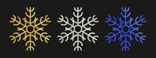 flocons de neige scintillants sur fond sombre. ensemble de trois flocons de neige à paillettes dorées, argentées et bleues. éléments de décoration de noël et du nouvel an. illustration vectorielle. vecteur